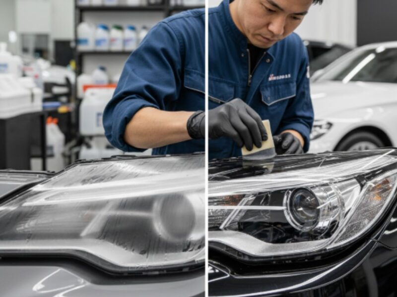 コーティング剤をヘッドライトに塗っている画像