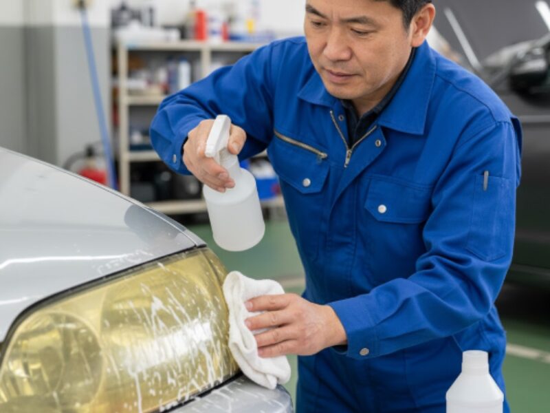 マジックリンうあアルカリ電解水で黄ばんだヘッドライトを拭いている画像