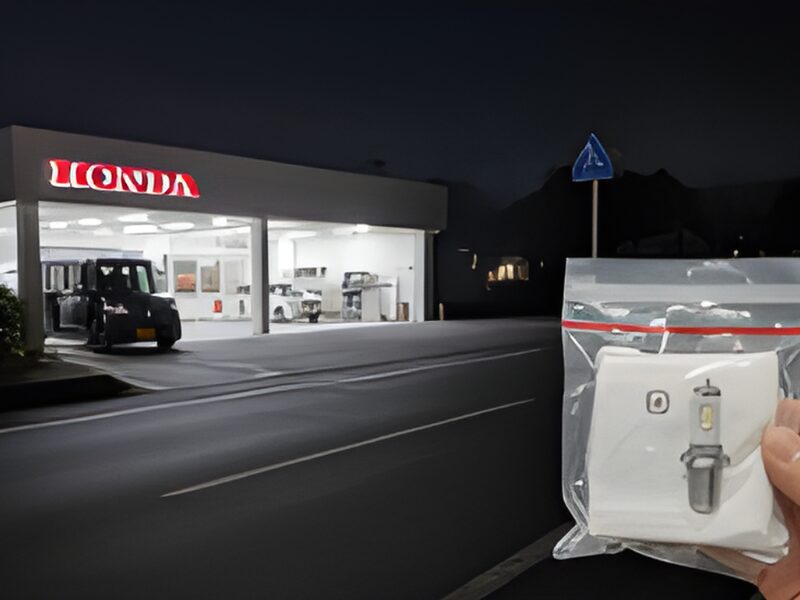 HONDAのディーラー整備工場前でバルブを持った画像
