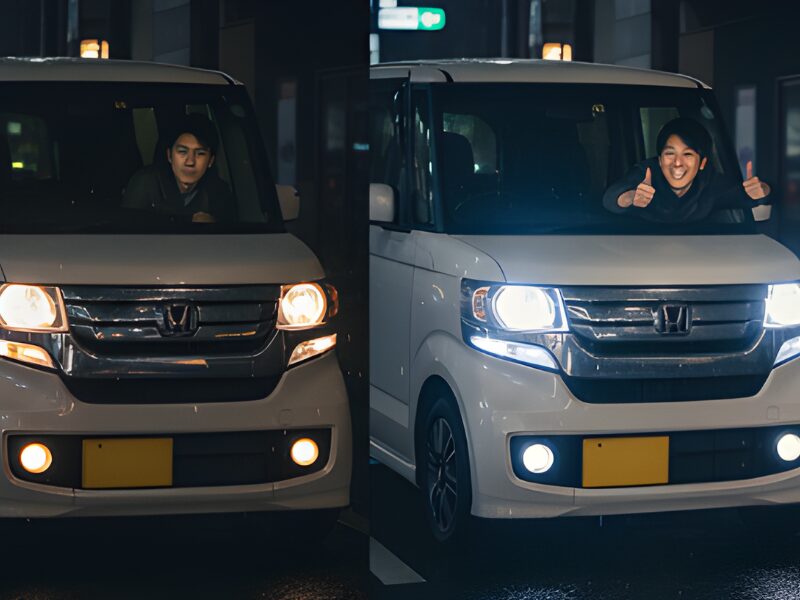 N-BOXのヘッドライトをLED化して喜んでいる男性画像