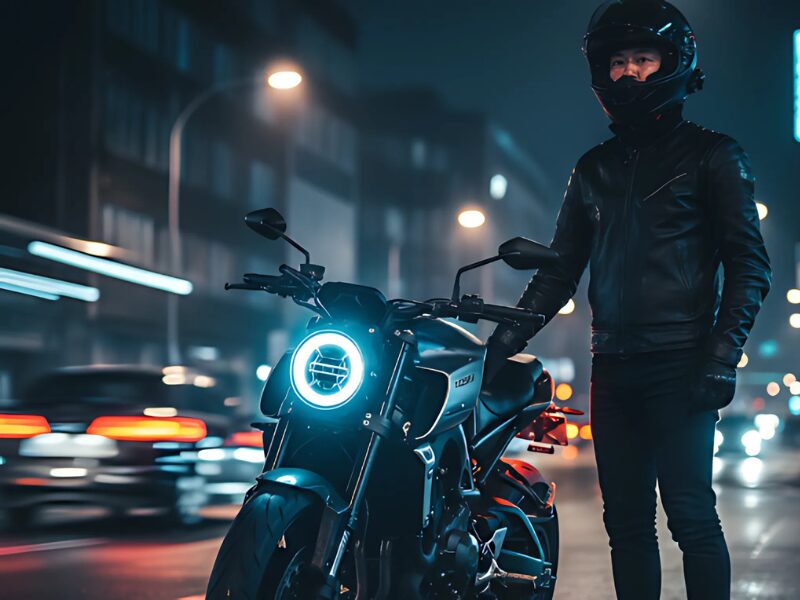夜の街中でLEDヘッドライトが鮮やかに点灯したバイクと、その傍らに立つ日本人ライダー