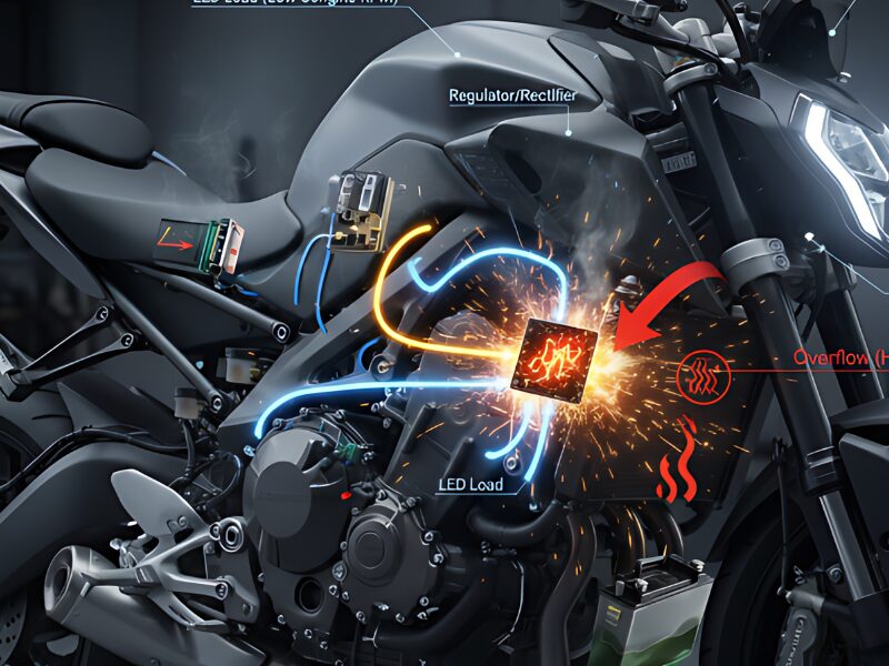 バイクの内部電気系統を示すイラスト。LED化されたヘッドライトと、過剰な熱と火花を発生させて故障するレギュレーターが強調されている。
