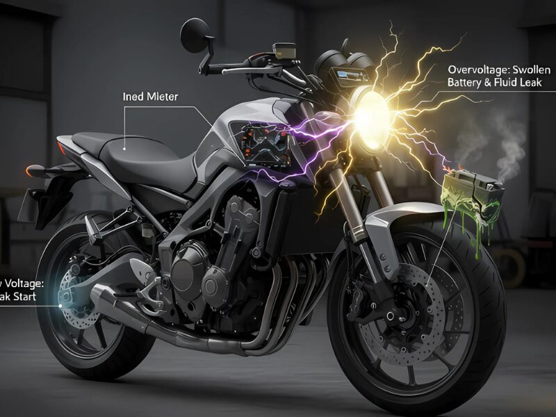 バイクの過電圧と低電圧による故障症状を視覚的に表現した図。過電圧で異常に明るく発光し球切れするヘッドライトと、膨張して液漏れするバッテリー。低電圧で始動が困難になった状態が示されている。