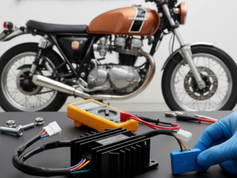 バイクの高性能MOSFETレギュレーターとICウインカーリレーを交換するための部品と工具。放熱フィンを持つレギュレーターと、熱伝導グリス、テスター、そして青いICリレーが置かれている。