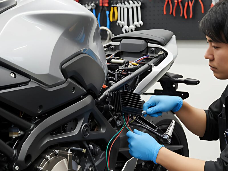 日本人メカニックがバイクのフレームに新しいレギュレーターを取り付けている様子。青い手袋を着用し、レギュレーターを固定して配線を接続している。
