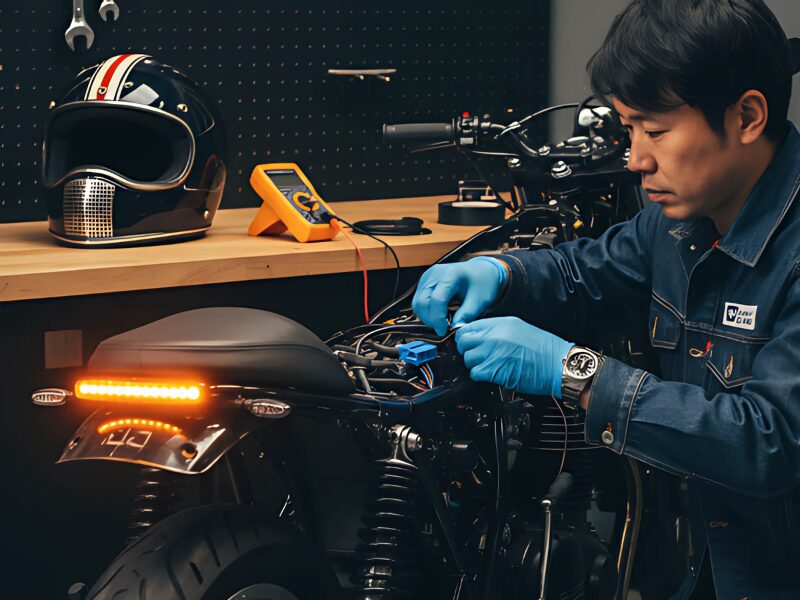 日本人男性がバイクのリアシート下でICウインカーリレーを交換している様子。LEDウインカーが点灯しており、作業台には工具が並べられている。