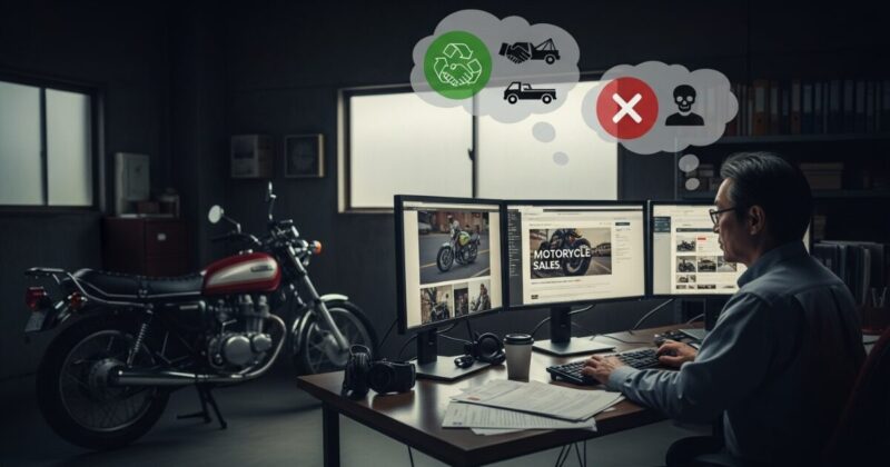 PCでバイクの処分を検索している男性