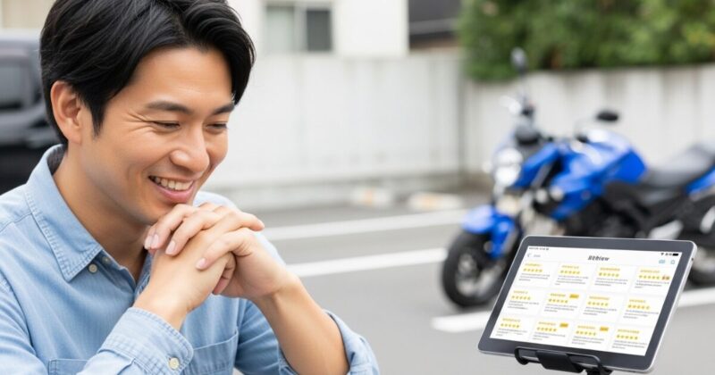 タブレットで口コミ情報を見ている男性