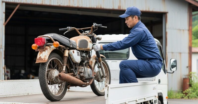 さび付いたバイクを回収する男性