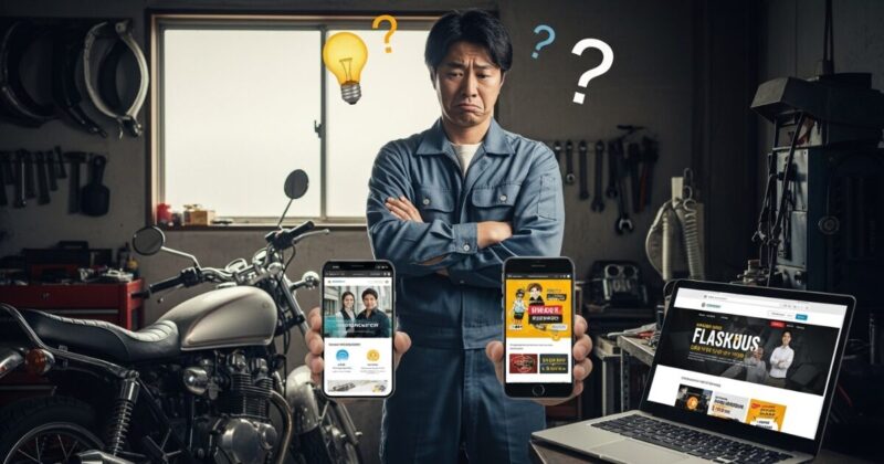 バイクの廃車業者の選定に悩んでいる男性