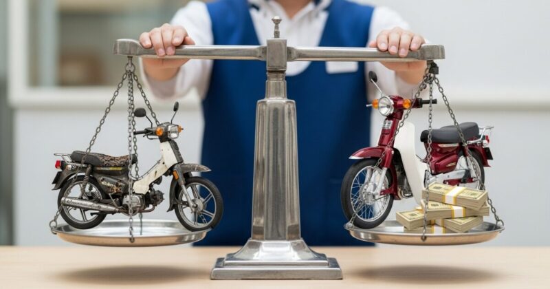 ボロボロのバイクと売れそうなバイクが天秤に乗っている画像