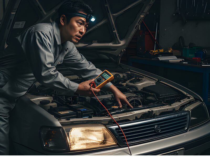 バッテリーのチェックをしている男性