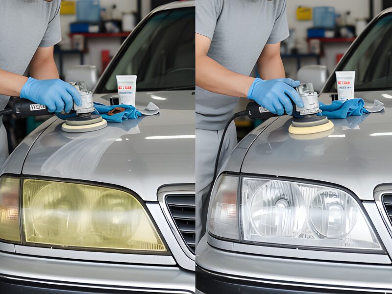 黄色くすんだヘッドライトと研磨後のヘッドライト画像