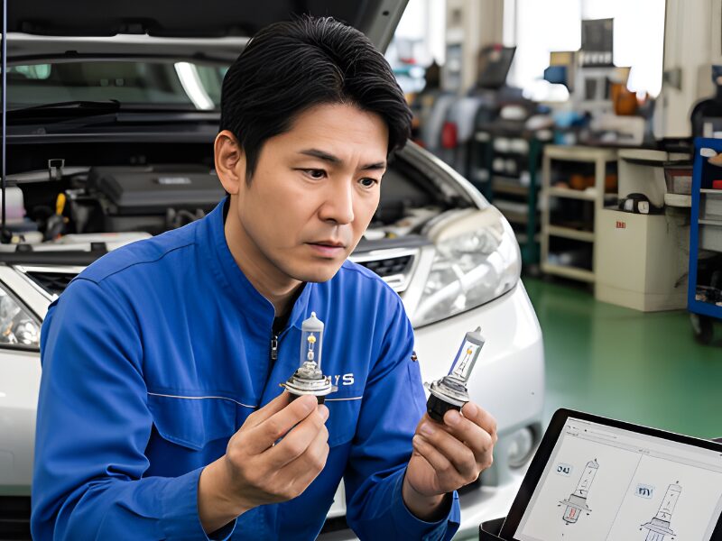 ヘッドライトのバルブを持って車の整備をしている整備士の男性