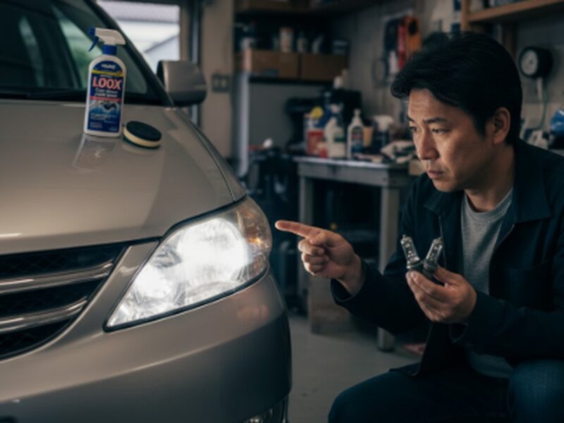 エスティマのヘッドライトをレンズクリーナーを使用してきれいにしている男性画像