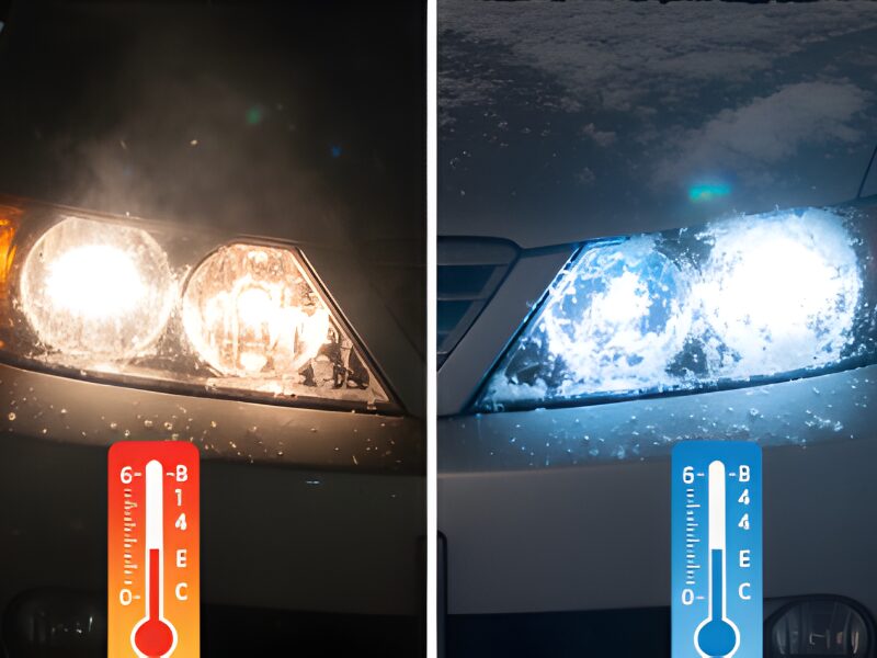 ハロゲンとLEDヘッドライトを降雪時に比較した画像