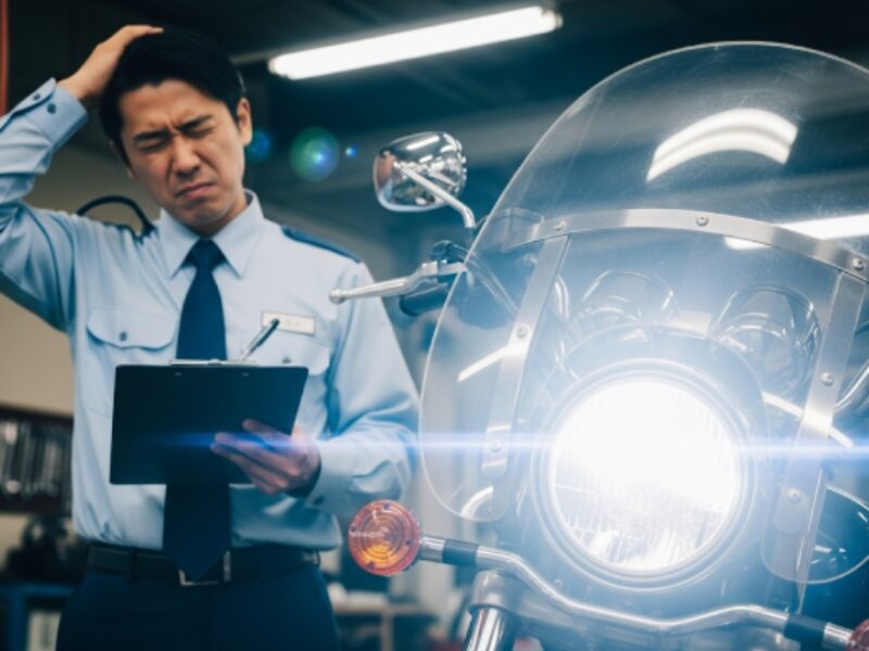 車検の検査官とLEDヘッドライトをつけたバイク画像