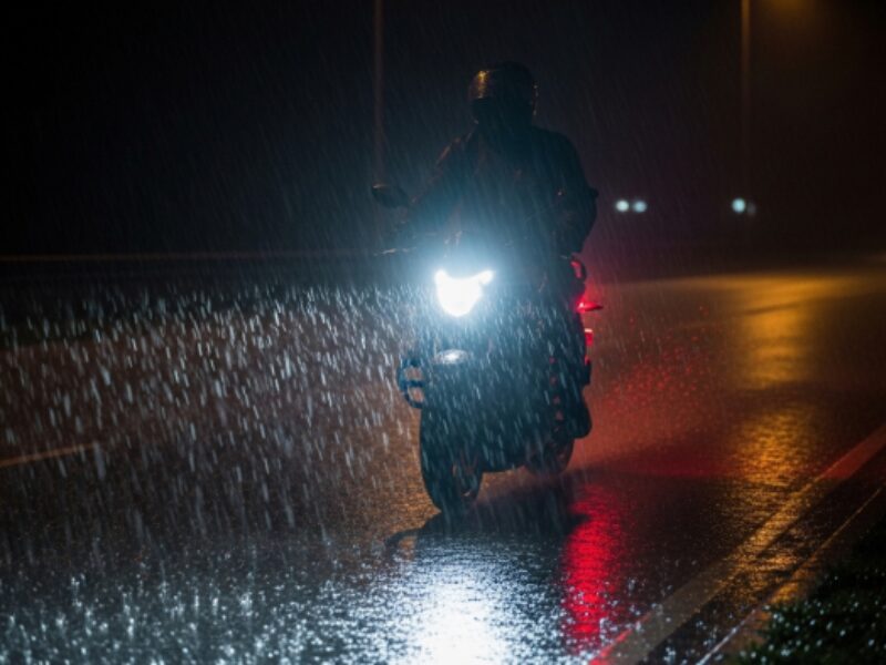 雨の夜に走行しているバイク