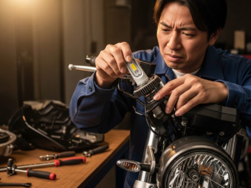 LEDヘッドライトを交換している男性画像