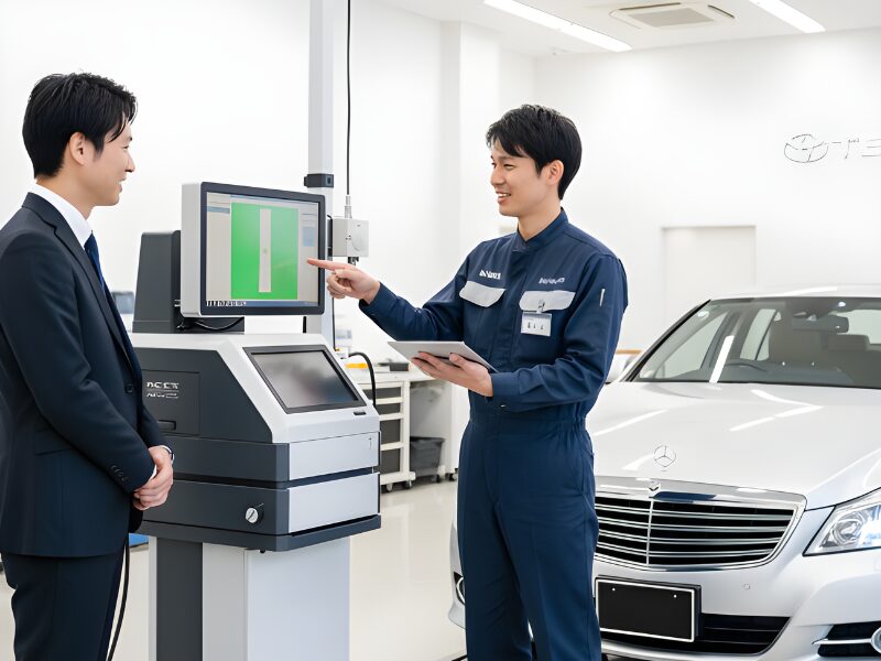 ディーラーで光軸調整をテスターで行っている画像