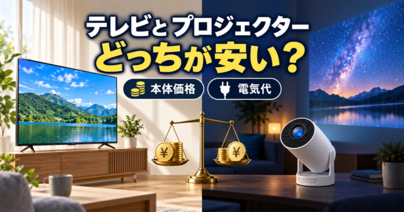 テレビとプロジェクターの本体価格と電気代を比較するイメージ